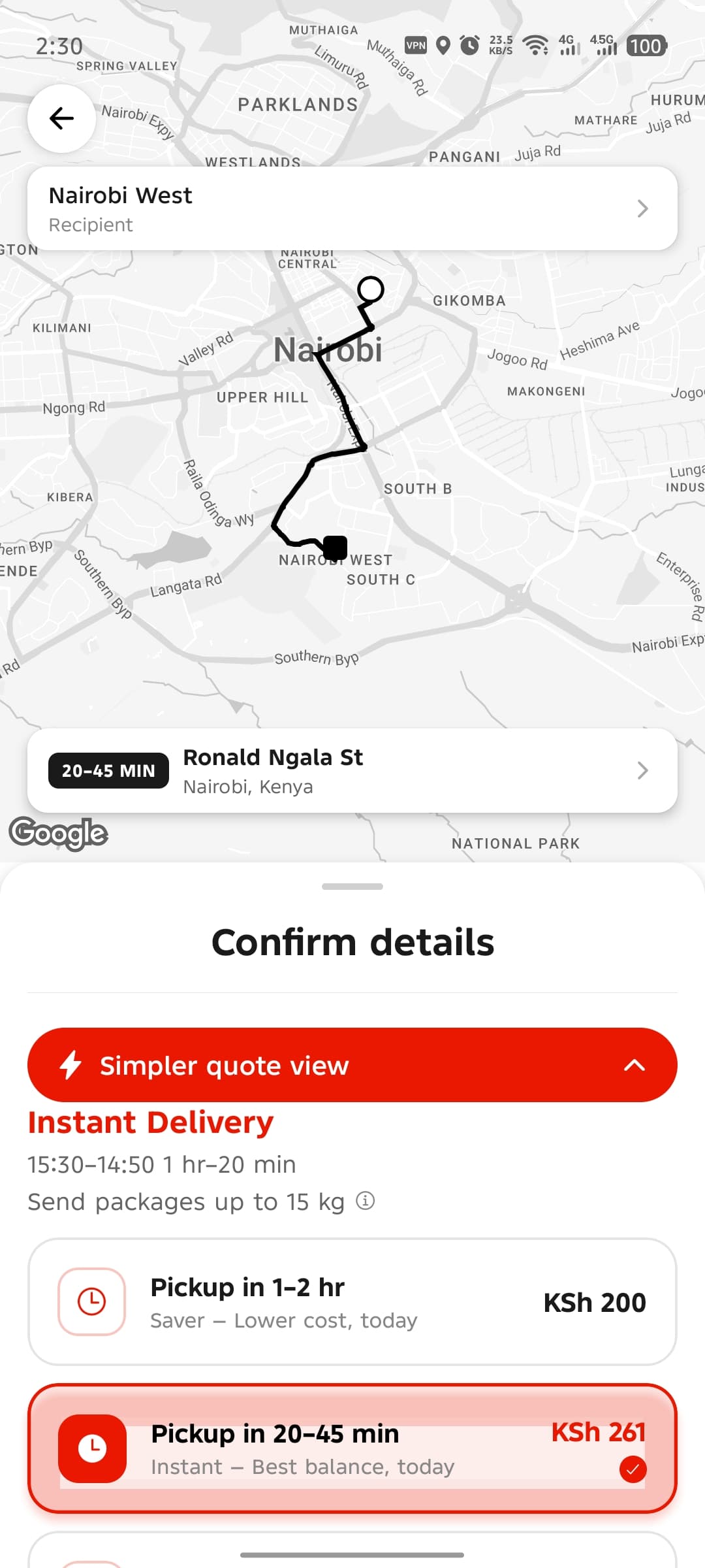 Dashdrop live tracking screen showing route on Nairobi map with delivery time