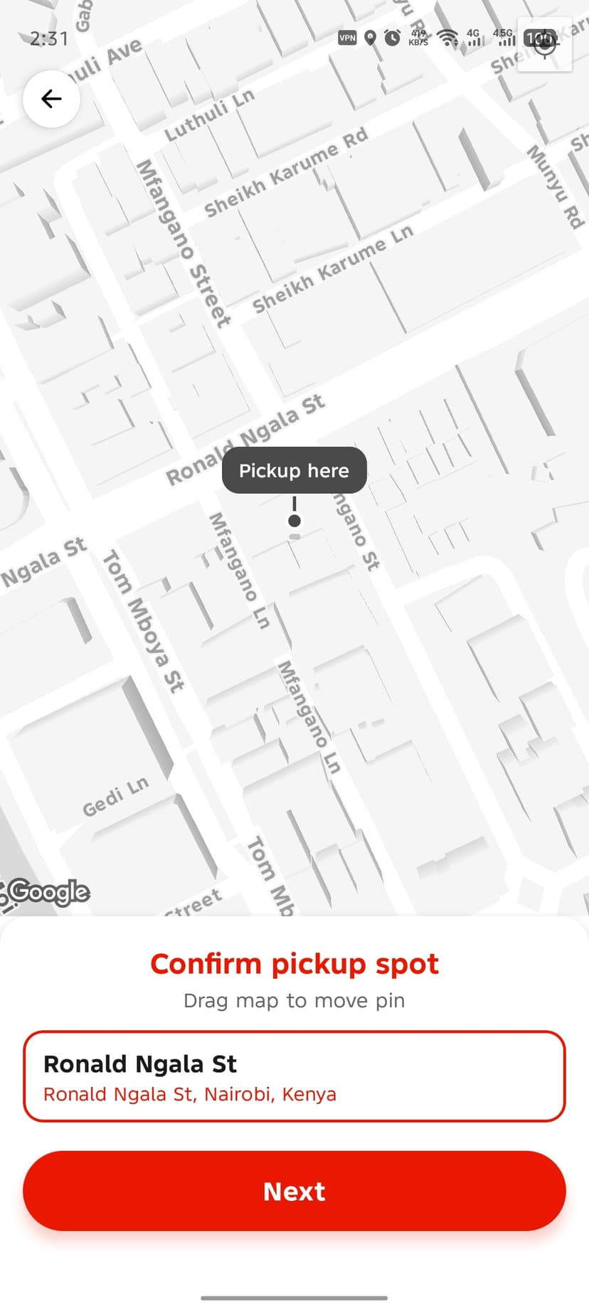 3D Nairobi street map with draggable Pickup here pin on Ronald Ngala St