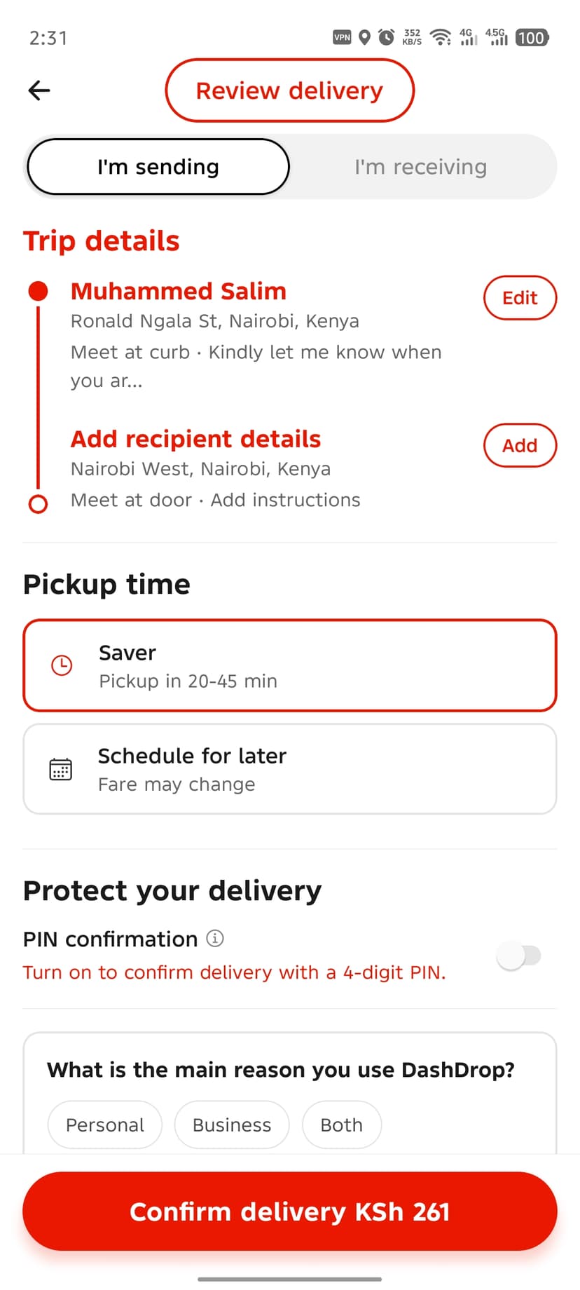 Review delivery screen with trip details, pickup time selector, and PIN confirmation toggle